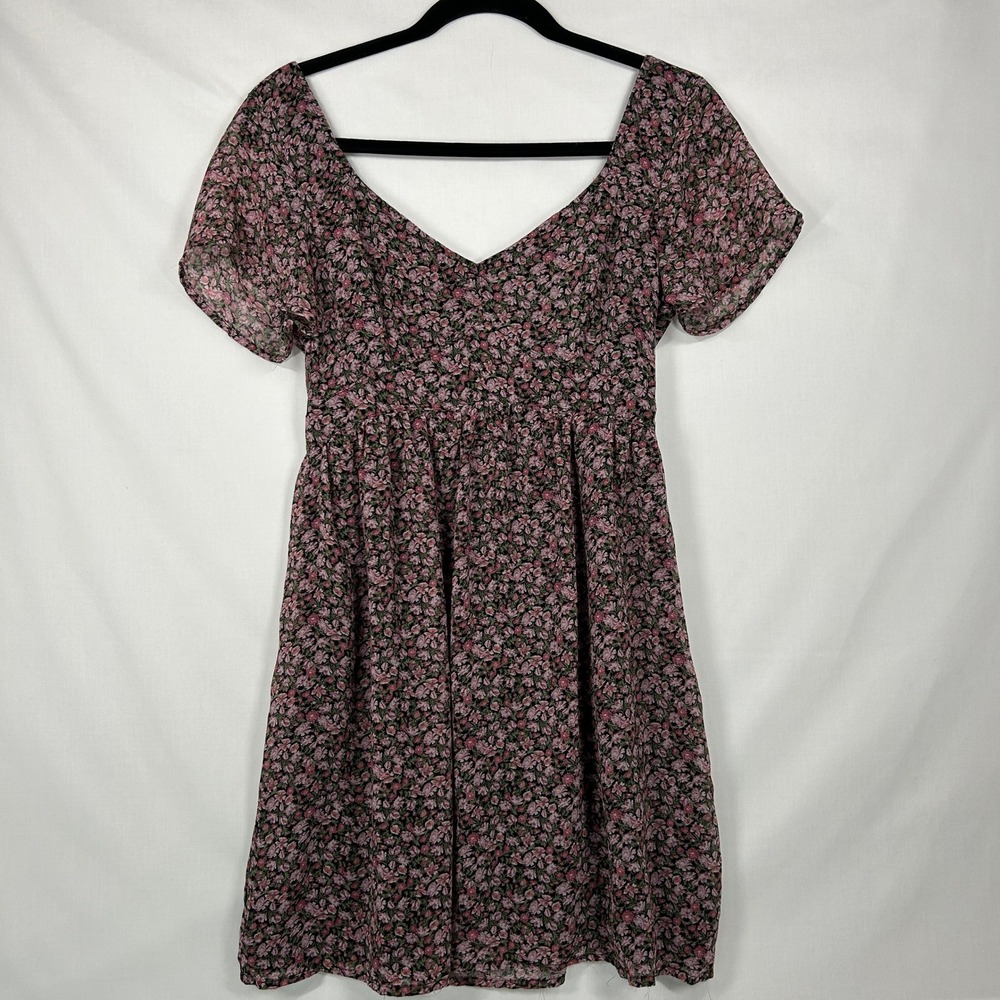 Vintage Floral Chiffon Empire Waist Mini Dress – Pink Ditsy Print (M)